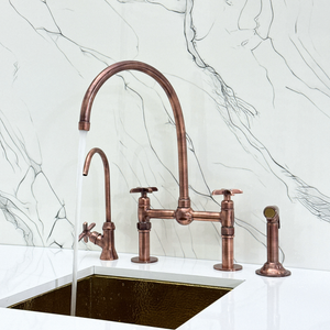 Antique Copper Bridge Kitchen Faucet with Cross Handles – Cavendish – alternate view 5