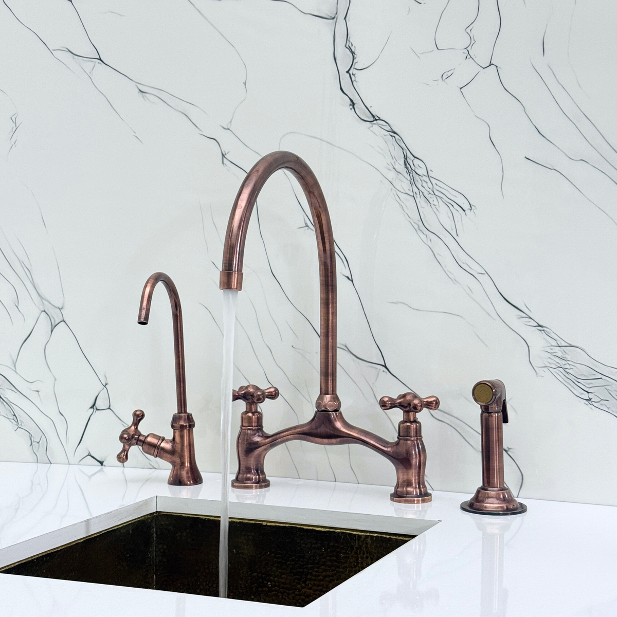 Antique Copper Bridge Kitchen Faucet with Cross Handles – Pembroke – alternate view 2