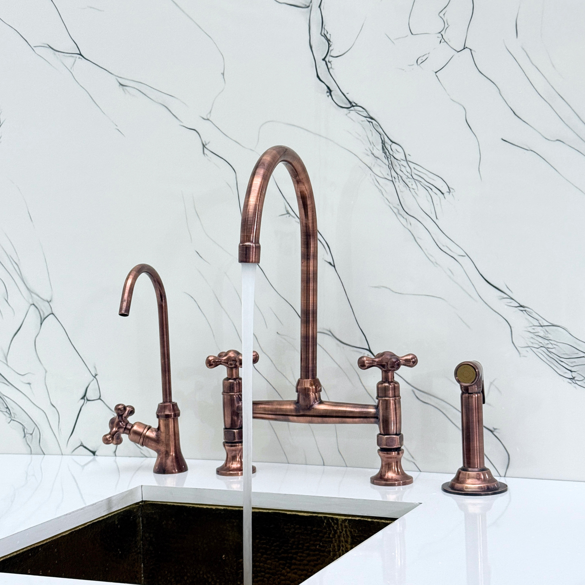Antique Copper Bridge Kitchen Faucet with Cross Handles – Ravenscroft – alternate view 2