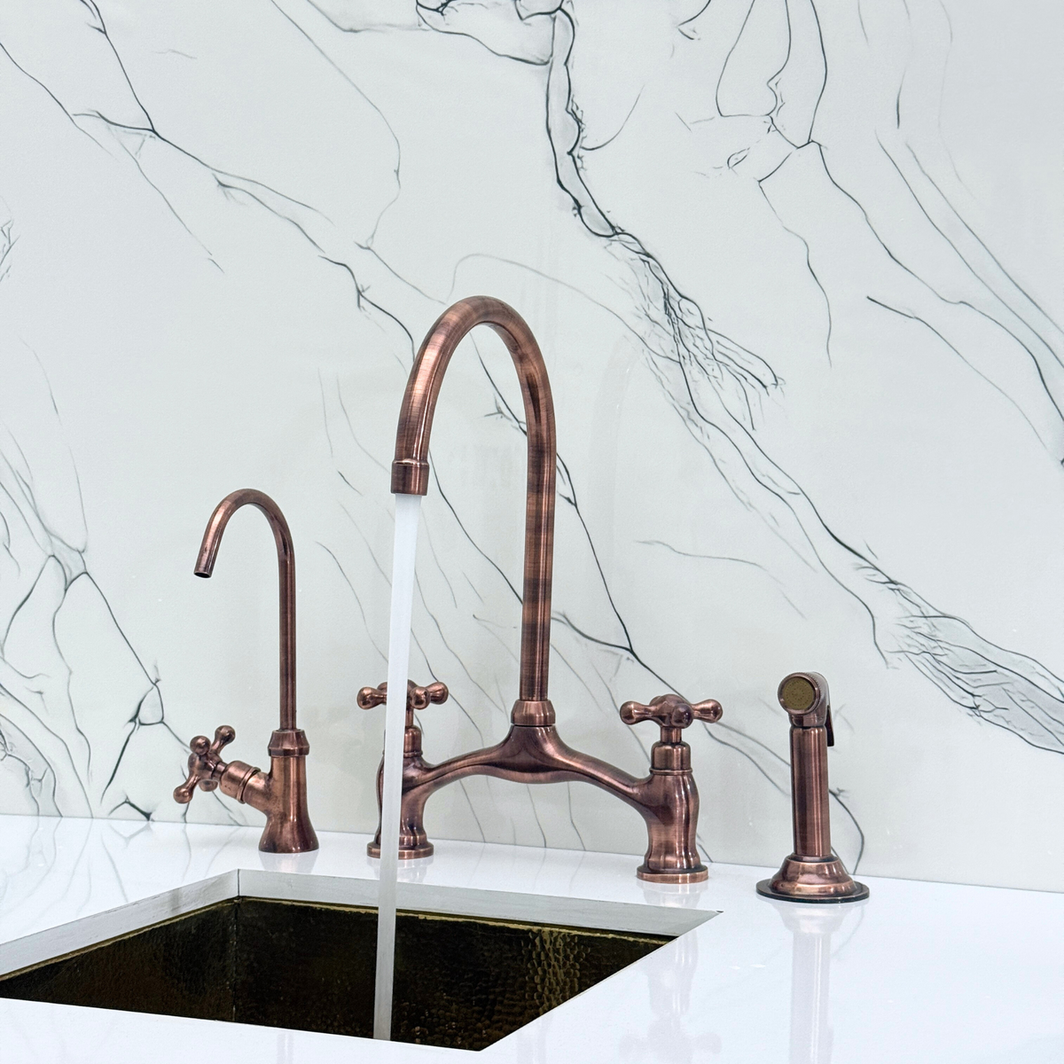 Antique Copper Bridge Kitchen Faucet with Cross Handles – Alderley – alternate view 2