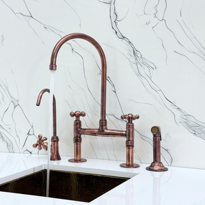 Antique Copper Bridge Kitchen Faucet with Cross Handles – Windsor – alternate view 3