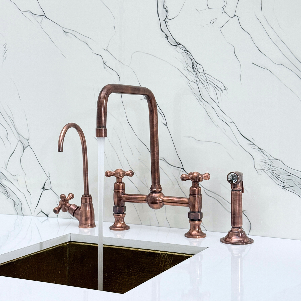 Antique Copper Classic Bridge Kitchen Faucet with Cross Handles – Harrington – alternate view 2