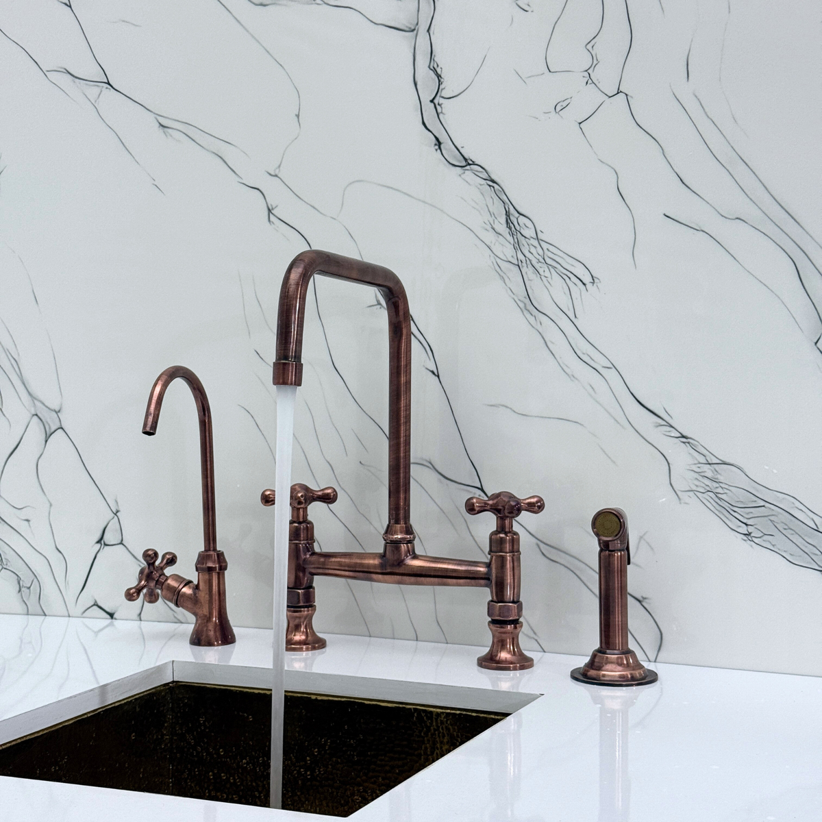 Antique Copper Classic Bridge Kitchen Faucet with Cross Handles – Whitmore – alternate view 2