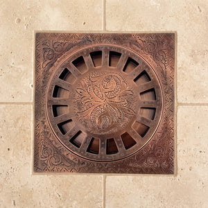 Antique Copper Engraved Shower Drain with Removable Cover, Solid Copper Square Shower Drain