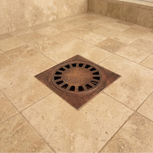 Antique Copper Engraved Shower Drain with Removable Cover, Solid Copper Square Shower Drain