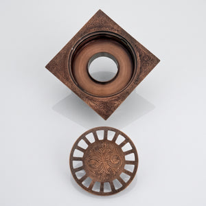 Antique Copper Engraved Shower Drain with Removable Cover, Solid Copper Square Shower Drain