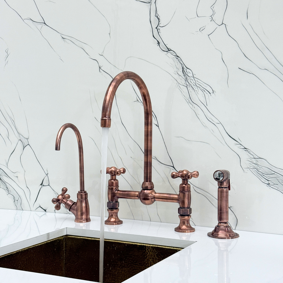 Antique Copper Bridge Kitchen Faucet with Cross Handles – Ellington – alternate view 2