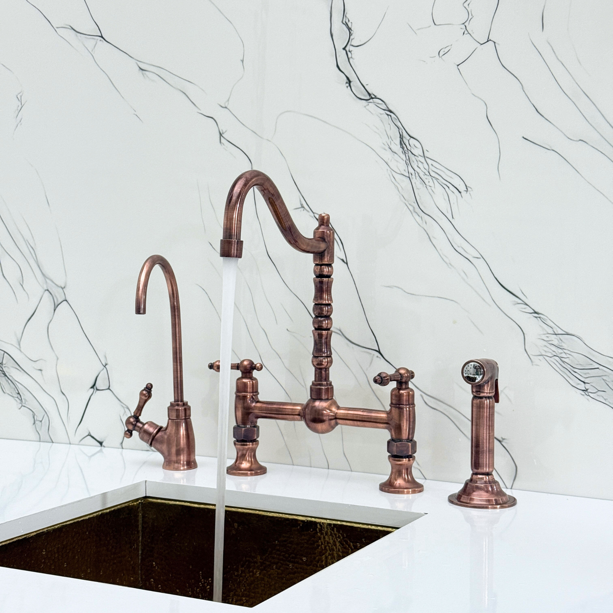 Antique Copper Victorian Bridge Kitchen Faucet with Lever Handles – Finsbury – alternate view 2