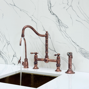 Antique Copper Victorian Bridge Kitchen Faucet with Lever Handles – Finsbury – alternate view 3