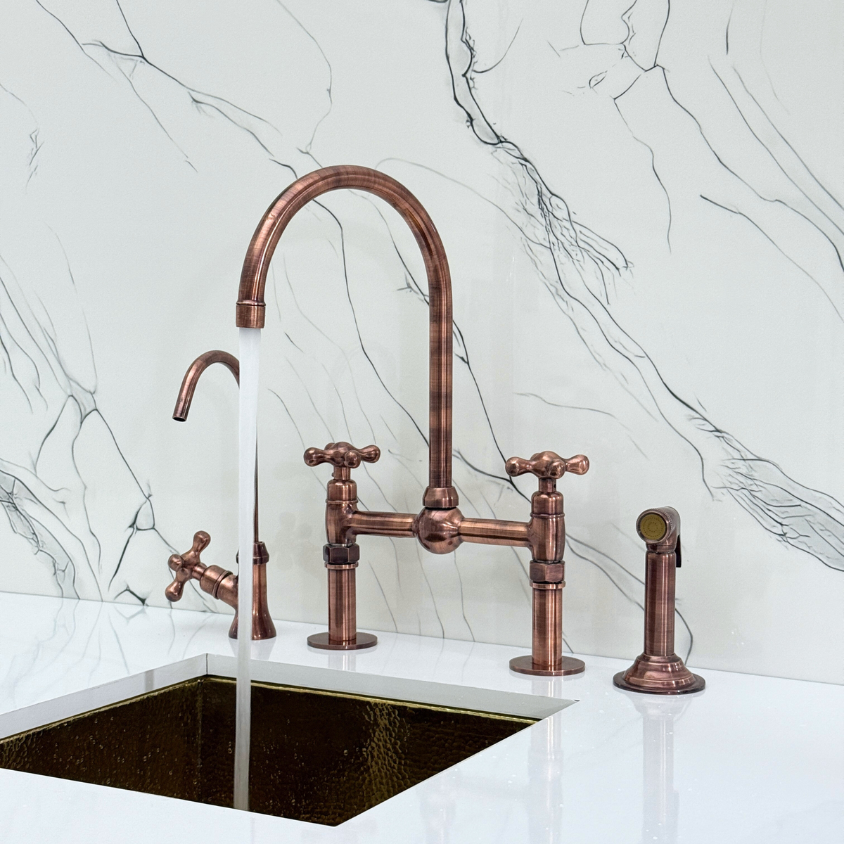 Antique Copper Bridge Kitchen Faucet with Cross Handles – Ashford – alternate view 2