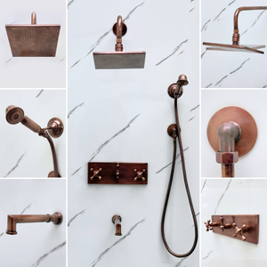 Antique Copper Adjustable Square Rain Shower System with Handheld & Tub Filler — Straight arm (ACCSS-019) — detail view 2