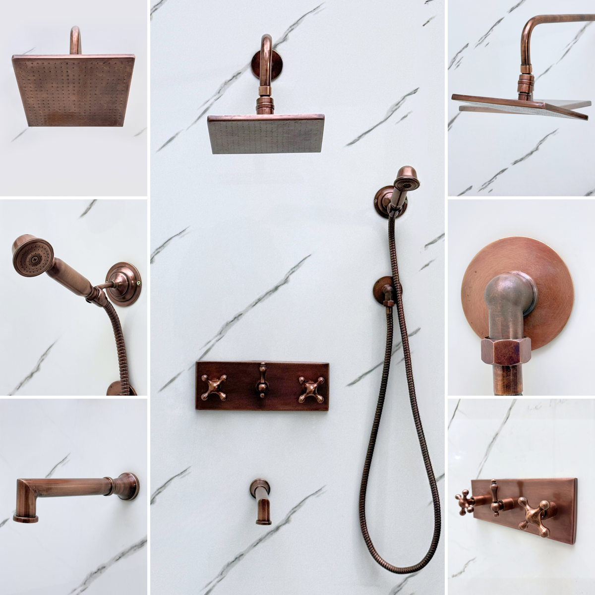 Antique Copper Adjustable Square Rain Shower System with Handheld & Tub Filler — Straight arm (ACCSS-019) — detail view 2