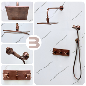Antique Copper Adjustable Square Rain Shower System with Handheld — Straight arm (ACCSS-018) — detail view 2