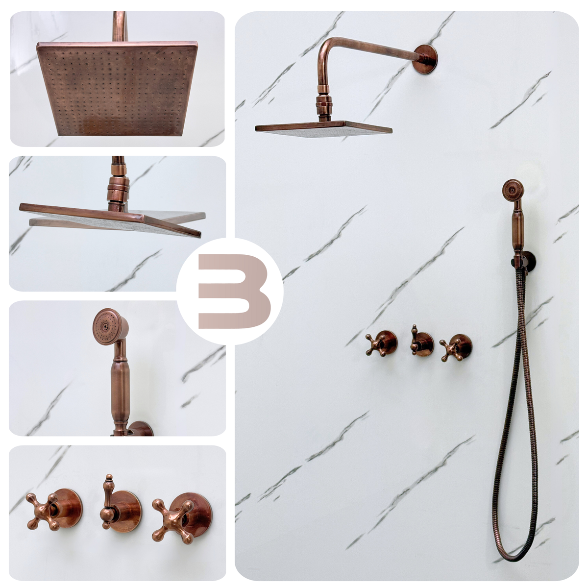 Antique Copper Square Rain Shower System with Handheld — Straight arm (ACCSS-017) — detail view 2