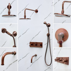 Antique Copper Adjustable Flat Round Rain Shower System with Handheld & Tub Filler — Straight arm (ACCSS-015) — detail view 3