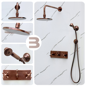 Antique Copper Adjustable Flat Round Rain Shower System with Handheld — Straight arm (ACCSS-011) — detail view 2