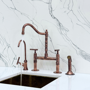 Antique Copper Victorian Bridge Kitchen Faucet with Lever Handles – Kensington – alternate view 6