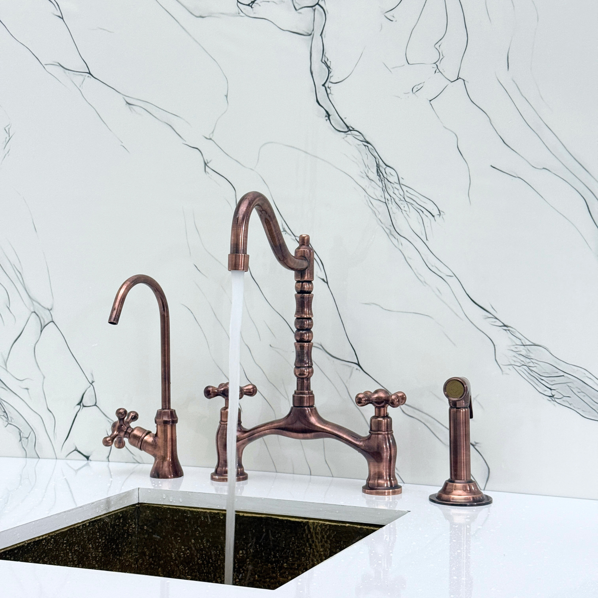 Antique Copper Victorian Bridge Kitchen Faucet with Cross Handles – Somerset – alternate view 2