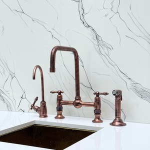 Antique Copper Classic Bridge Kitchen Faucet with Lever Handles – Harrington