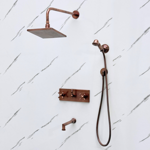 Antique Copper Adjustable Square Rain Shower System with Handheld & Tub Filler — Straight arm (ACCSS-019) — detail view 3
