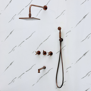 Antique Copper Adjustable Square Rain Shower System with Handheld & Tub Filler — Straight arm (ACCSS-016) — detail view 3
