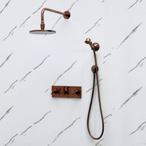 Antique Copper Adjustable Flat Round Rain Shower System with Handheld — Straight arm (ACCSS-011) — detail view 4