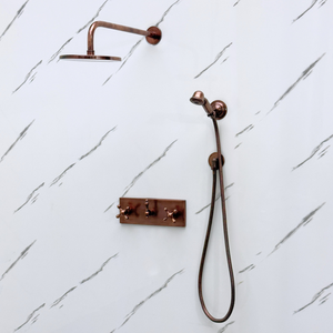 Antique Copper Adjustable Flat Round Rain Shower System with Handheld — Straight arm (ACCSS-011) — detail view 8