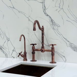 Antique Copper Victorian Bridge Kitchen Faucet with Cross Handles – Beaumont – alternate view 10