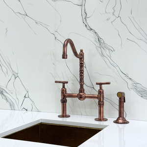 Antique Copper Victorian Bridge Kitchen Faucet with Lever Handles – Beaumont – alternate view 12
