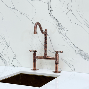 Antique Copper Victorian Bridge Kitchen Faucet with Lever Handles – Kensington – alternate view 7