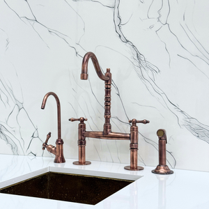 Antique Copper Victorian Bridge Kitchen Faucet with Lever Handles – Kensington