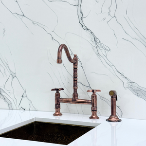 Antique Copper Victorian Bridge Kitchen Faucet with Cross Handles – Tavistock – alternate view 12