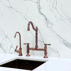 Antique Copper Victorian Bridge Kitchen Faucet with Lever Handles – Tavistock – alternate view 9