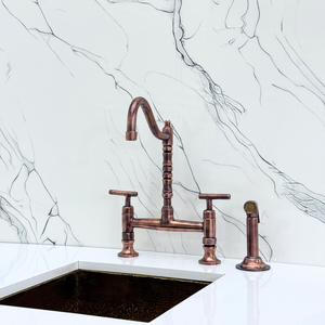 Antique Copper Victorian Bridge Kitchen Faucet with Lever Handles – Tavistock – alternate view 12