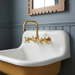 7" Hammered unlacquered brass wall faucet, 6" spread with cross handles