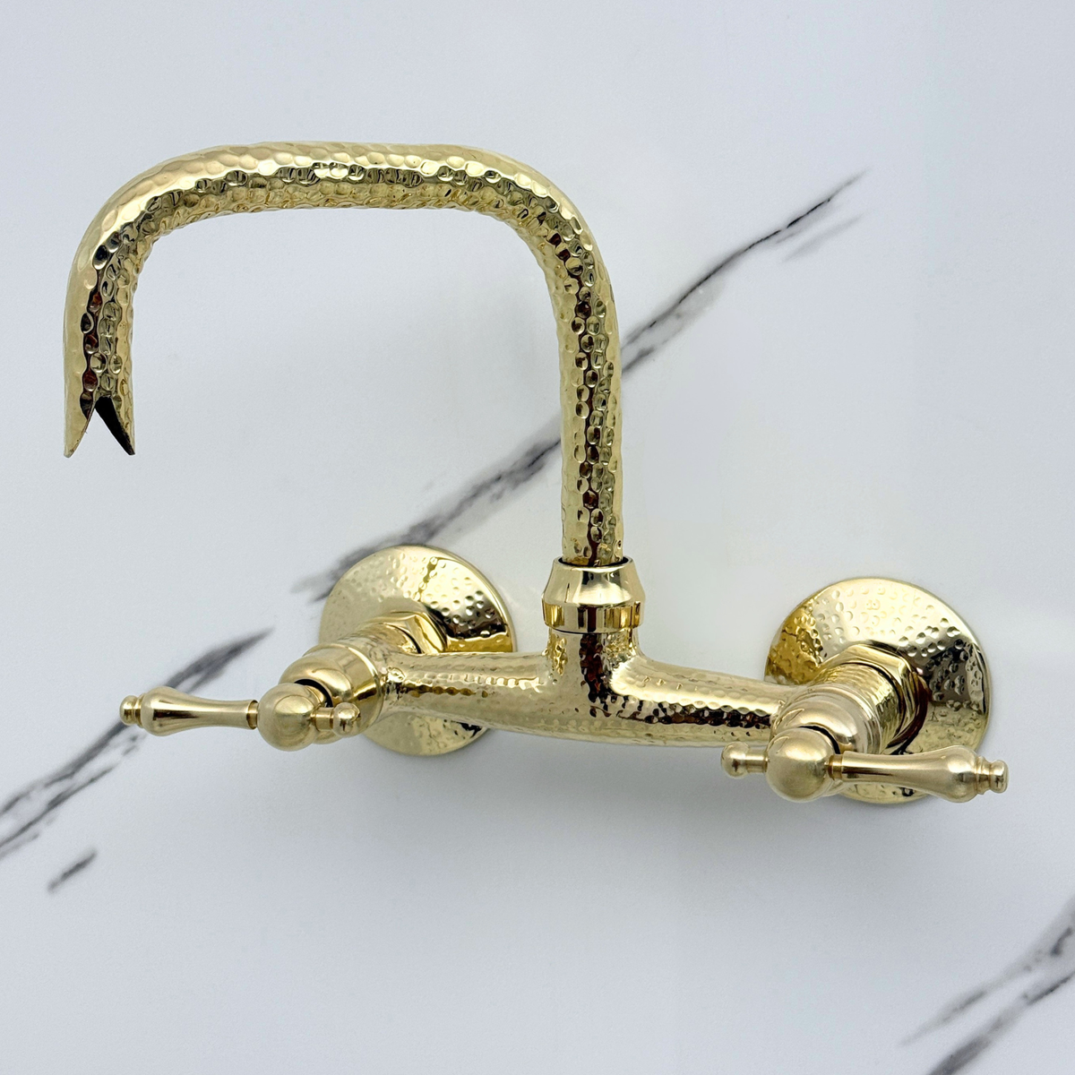 7" Hammered unlacquered brass wall faucet, 6" spread with lever handles – alternate view 2