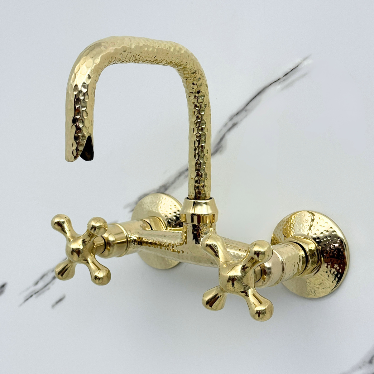 7" Hammered unlacquered brass wall faucet, 6" spread with cross handles – alternate view 2