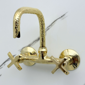 7" Hammered unlacquered brass wall faucet, 6" spread with cross handles – alternate view 5
