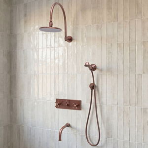 Antique Copper Adjustable Flat Round Rain Shower System with Handheld & Tub Filler — Arcuate arm (ACCSS-014) — shower system overview