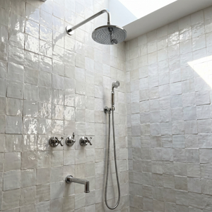 Polished Nickel Adjustable Flat Round Rain Shower System with Handheld & Tub Filler — Straight arm (PNCSS-019) — shower system overview