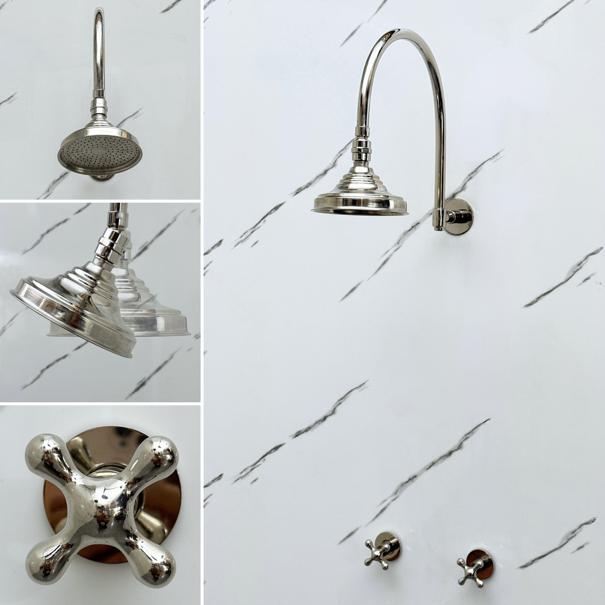Polished Nickel Adjustable Round Rain Shower System — Arcuate arm (PNCSS-003) — detail view 2