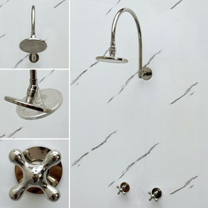 Polished Nickel Flat Round Rain Shower System — Arcuate arm (PNCSS-001) — detail view 2