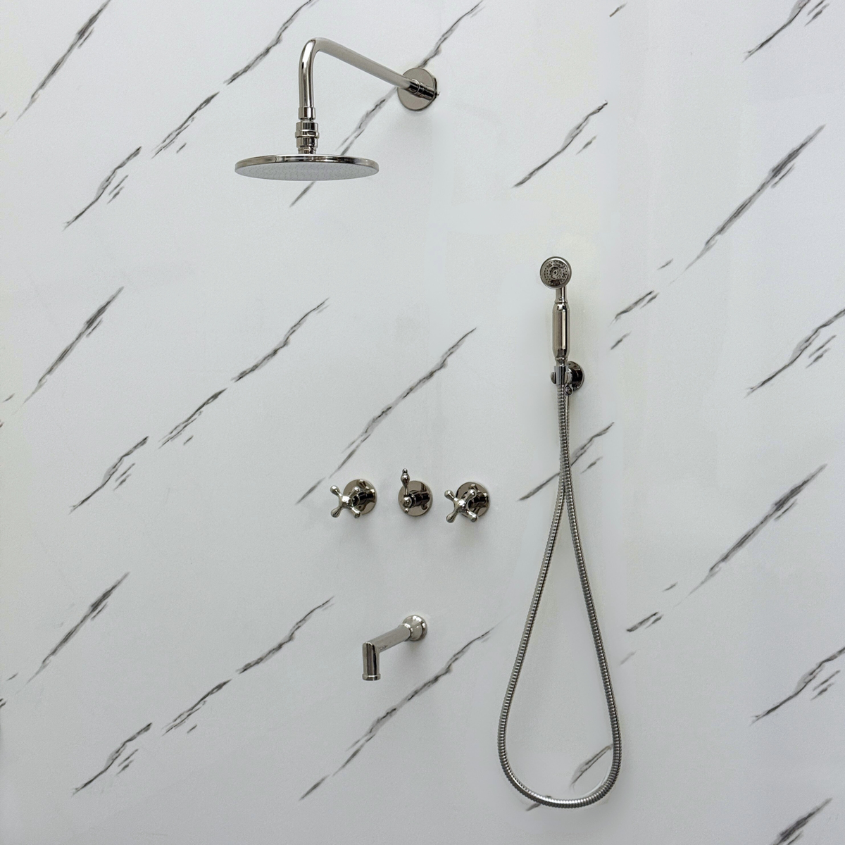 Polished Nickel Adjustable Flat Round Rain Shower System with Handheld & Tub Filler — Straight arm (PNCSS-019) — detail view 2