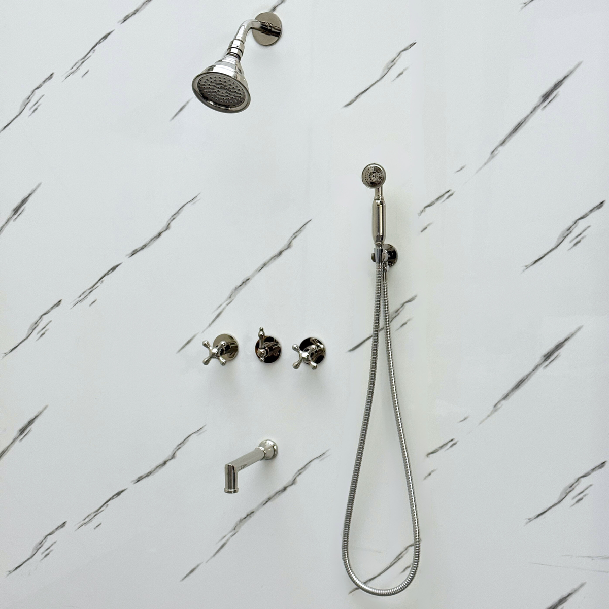 Polished Nickel Adjustable Round Rain Shower System with Handheld & Tub Filler — Short arm (PNCSS-021) — detail view 2