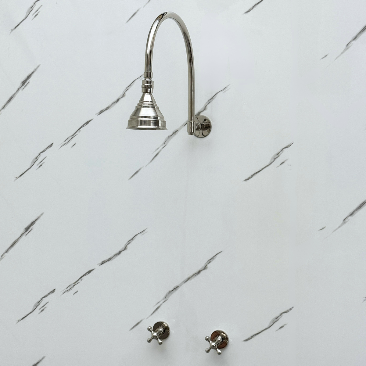Polished Nickel Round Rain Shower System — Arcuate arm (PNCSS-002) — detail view 2