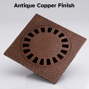 Solid Brass Hammered Square Shower Drain, Antique Copper Finish Bathroom Drain with Removable Cover