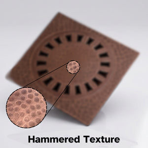 Solid Brass Hammered Square Shower Drain, Antique Copper Finish Bathroom Drain with Removable Cover
