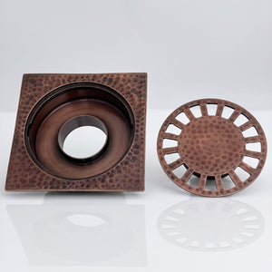 Solid Brass Hammered Square Shower Drain, Antique Copper Finish Bathroom Drain with Removable Cover