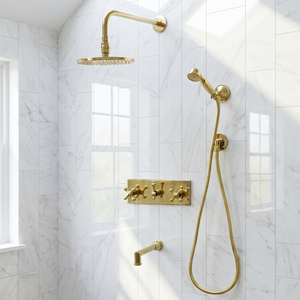 Unlacquered Brass Adjustable Round Rain Shower System with Handheld & Tub Filler — Straight arm (UBCSS-015) — shower system overview
