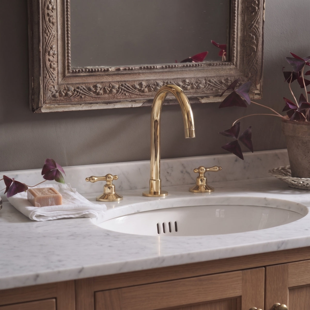 Unlacquered Brass High-Arc Widespread Bathroom Faucet with Lever Handles – Grand Arc